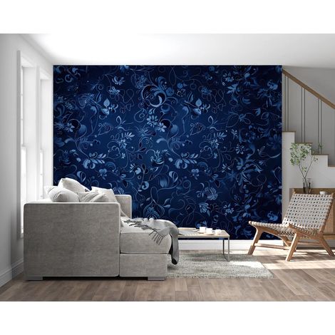 Papier peint floral arabesques bleues sur nuit 1 - 150 x 250 cm (1/2)