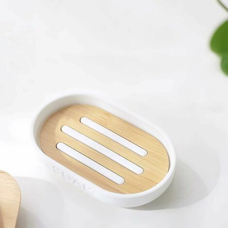 NALOOKAMIC Set Accessoires Salle De Bain, 6 Pièces Accessoire Pour Salle En Bambou Avec Distributeur Savon, Porte Brosse À Dents, Brosse Toilettes Wc, Porte Savon, Poubelle(40L) Et Gobelet Brosse À De