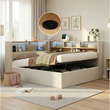 Letto banquette 140x190 cm con contenitore idraulico, LED, USB, velluto beige OKWISH (1/5)