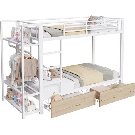 Litera 90x200 cm con 2 cajones, varias estanterías, barra para ropa y tira LED integrada, estructura de metal y MDF, blanca, ideal para dormitorio infantil  CHICFURN (1/5)