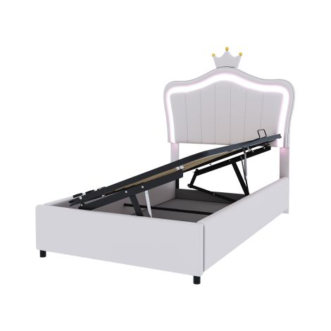 Lit enfant rembourré 90x200 cm blanc hydraulique LED tête de lit réglable cuir écologique (1/4)