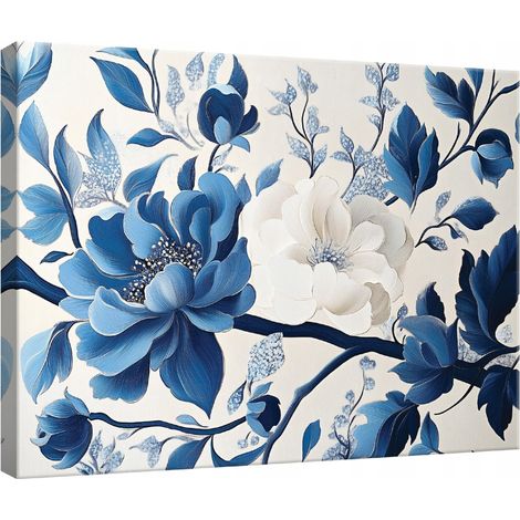 Peinture Murale sur toile fleurs bleu pour chambre salon cuisine 100x70 (1/3)