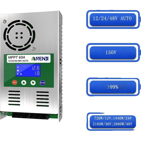 Contrôleur de Charge Décharge Solaire, Courant Maximum de 60A, Support de Multiples Tensions, MPPT 60A (1/5)