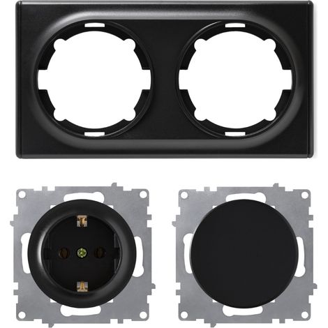 Plaque de finition 2 postes Florence + 1 Interrupteur simple allumage + 1 Prise avec terre - noir