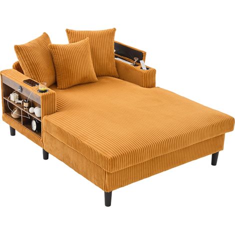 Chaiselongue multifonctionnelle en velours côtelé avec LED, porte-gobelets, rangement, port USB, 129x170x70 cm (1/5)