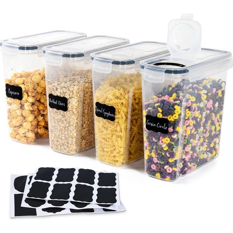 Set di 4 scatole portaoggetti in plastica, barattoli per alimenti con chiusura ermetica da 4 l con coperchio, scatola per alimenti in plastica ermetica senza Bpa con etichetta per cereali, pasta, zucc (1/5)