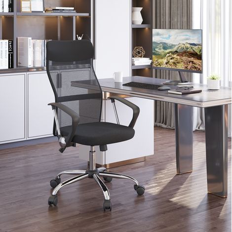 Bürostuhl 63x65x109-119 cm schwarz aus Schaumstoff mit Netz, Kopfstütze und Wippfunktion (1/5)