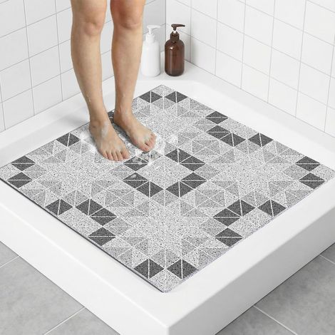 Tapis Anti-dérapant Douche Carré 70x70 cm, Tapis de Bain PVC Luffa Évacuation Rapide, Salle de Bain, Fond de Douche, Confortable, Facile à Nettoyer, sans Odeur, Personnes Âgées, Géométrie Grise (1/5)