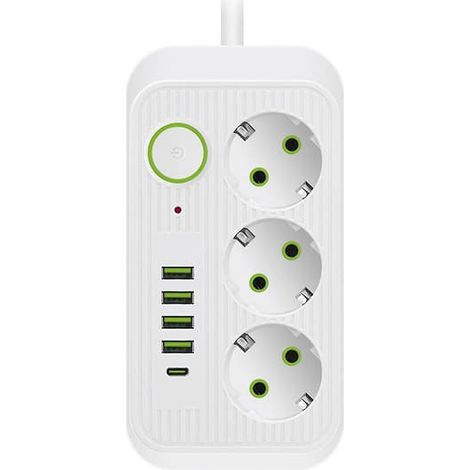 Multiprise blanche de 2 m avec prise européenne, port USB Type-C et charge rapide. (1/4)