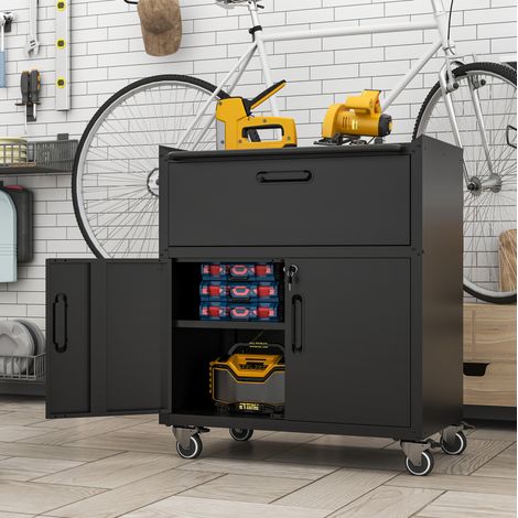 Werkzeugschrank auf Rollen 75 x 42 x 88 cm aus schwarzem Metall, 1 Schublade – MEUBLIV (1/5)