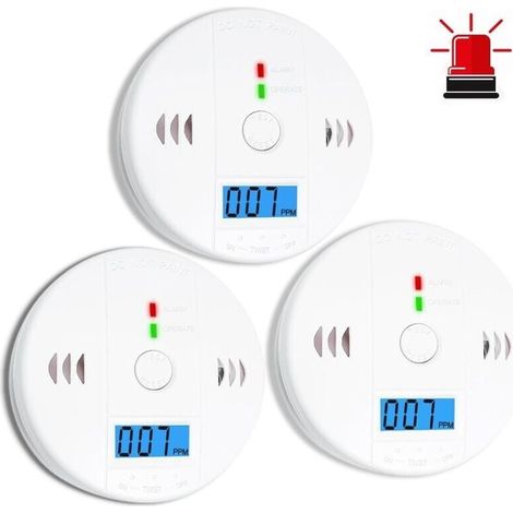 Lot de 3 détecteurs de monoxyde de carbone, détecteur de CO, alarme de monoxyde de carbone, détecteur de CO2 alimenté par batterie avec écran LCD, pour maison, cuisine, restaurant, hôtel, bureau