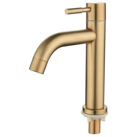 Crea – Mitigeur de lavabo or brossé – Robinet monocommande en laiton – Hauteur 183 mm – Cartouche céramique anti-goutte – Tuyaux d'alimentation inclus (1/5)