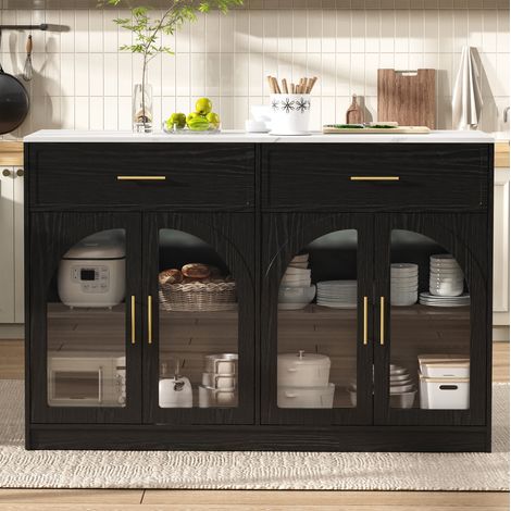 Isola da cucina indipendente con LED, 2 cassetti e ante trasparenti, 135x55x91 cm, nera (1/5)