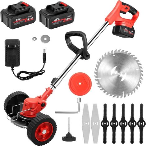 Decespugliatore Elettrico a Batteria con Ruote, Tagliabordi a Batteria 48v, Tagliabordi a Batteria Testata Regolabile e Maniglia Telescopica Testa Girevole 90° per Il Taglio di Giardini (1/4)