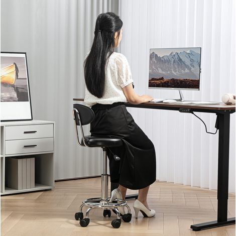 Tabouret roulant en similicuir noir, 32 x 40 x 70-86 cm, vérin à gaz, roulettes, 360° (1/5)