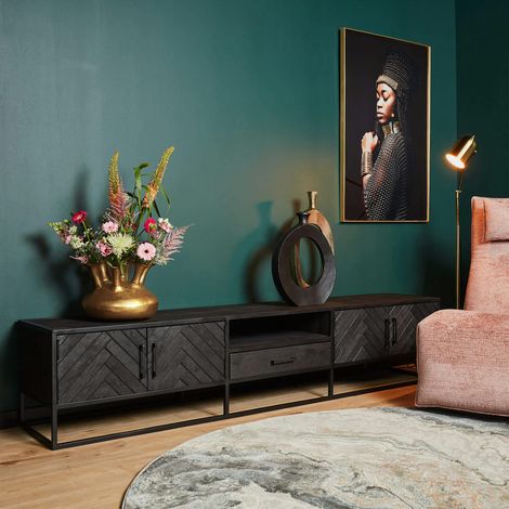 Long meuble TV bois noir 4 portes motif chevron ALVERA