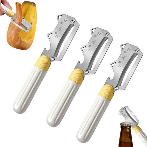 Pelador de 3 piezas, pelador de patatas de acero inoxidable con mango de plástico, pelador de verduras multifuncional 2 en 1 y abridor botellas (1/5)