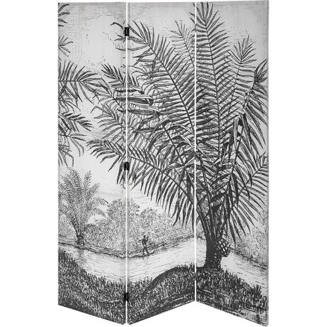 Paravent 3 pans en tissu imprimé blanc/noir - Longueur 121 x Profondeur 2,5 x Hauteur 170 cm -PEGANE-