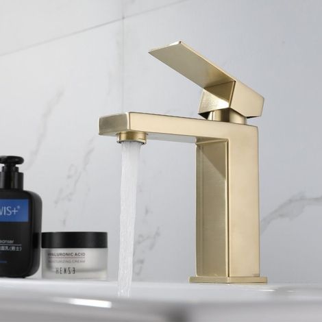 Mitigeur de lavabo or brossé en laiton massif – Design moderne créatif – Poignée unique – Valve céramique anti-goutte – Résistant aux taches (1/4)