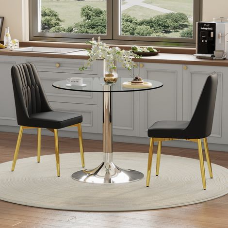Conjunto de mesa redonda de cristal de 85 cm con 2 sillas de PU negras y patas doradas, OKWISH (1/5)
