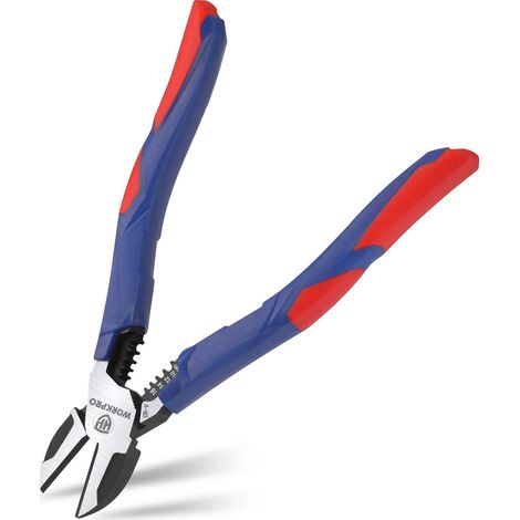 Workpro – Pince coupante diagonale 196mm – Fonction de coupe et dénudage – Pour fils de 1,3 à 2,6mm – Poignée ergonomique bi-matière