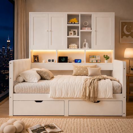 Lit banquette enfant 140x200 cm avec 2 tiroirs, rangements, éclairage LED, USB, USB-C et prise secteur, tête de lit rembourrée PU, MDF, blanc (1/5)