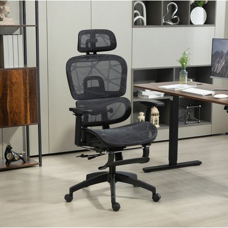 Bürostuhl ergonomisch aus Mesh Schwarz mit Kopfstütze, Lordosenstütze, verstellbaren Armlehnen, 135° Neigung, 66x64x114-122 cm (1/5)
