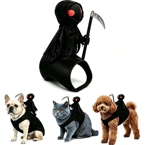 Costume d'Halloween pour chien et chat avec faucheuse 3D, noir, taille S (1/5)