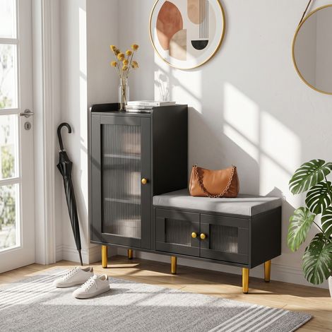 100 x 35 x 70 cm banc a chaussures, Meuble à chaussures avec banc intégré, Meuble d'Entrée avec Cloison Réglable, Hauteur Réglable, Coussin Gris Clair (1/5)