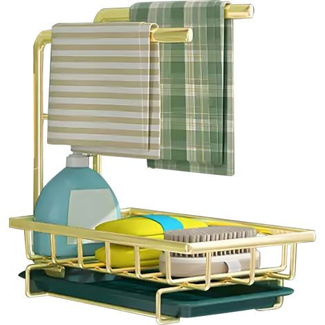 Heikoeco® Organiseur d'Evier, Organiseur de Cuisine en Métal, Organiseur de Salle de Bains avec Porte-éponge & 2 Porte-Lavettes & Egouttoir Amovible, Rangement Extra Durable pour Cuisine(Vert et Or, M