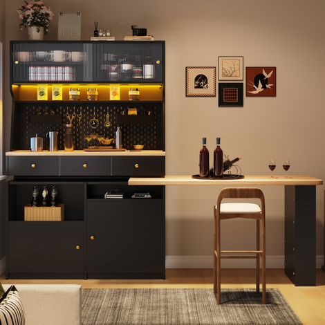 Mobile contenitore con scrivania e bar, LED, ante in vetro, ripiani regolabili, nero HAVRYA (1/5)
