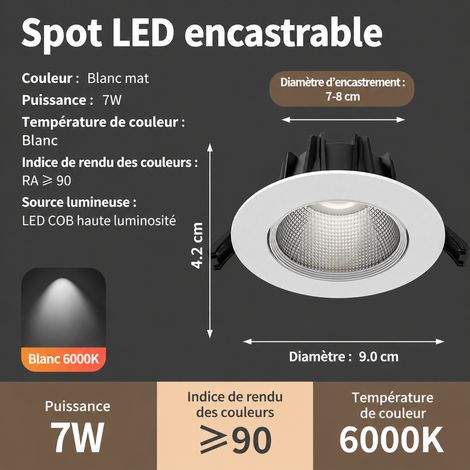 Spot LED Encastrable Plafond COB Anti-Éblouissement 7W Lumière Blanche 7w 7-8cm réf 3219 200 g – Livraison gratuite
