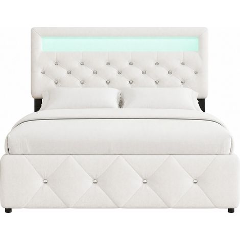 Cama doble tapizada 140x200 cm con cama nido, 2 cajones, cabecero ajustable y luz LED, en tela blanca para dormitorio juvenil o de invitados CHICFURN (1/5)