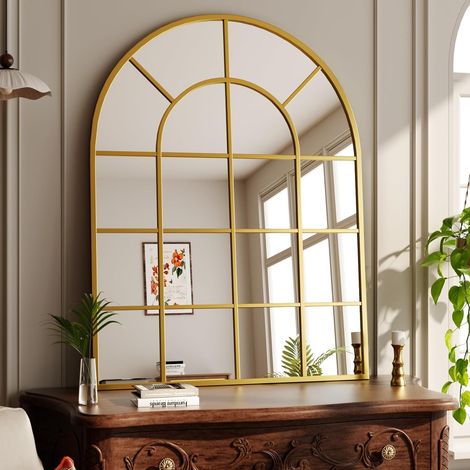 100 x 75 cm - Miroir mural bombé avec grille - Miroir décoratif en verre trempé antidéflagrant - Convient pour chambre à coucher, entrée, doré (1/5)