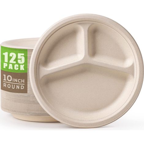 Compostable Paper Plates 10 Inch 3 Compartment Plates 125 Pack Heavy Duty Plates Disposable Divided Plates Eco-Friendly Recycled Natural Sugarcane Fiber Plates (1/5)