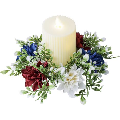 Corona de flores artificiales para velas (roja, azul, blanca), centro de mesa para fotos, decoración del hogar o estilo rústico. (1/5)