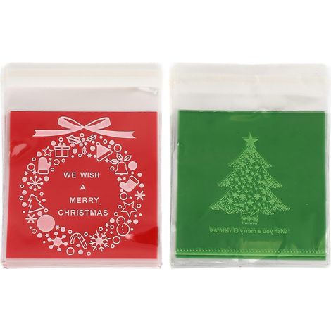 200 sachets à biscuits autocollants, sachets à friandises refermables en cellophane pour Noël-13X10X0.1CM-Red (1/3)