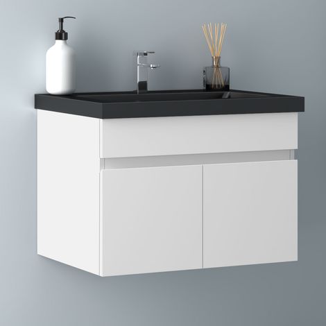 60 cm Waschtisch mit Unterschrank Badmöbel Set mit Waschbecken Schwarz Mineralguss Gäste WC Weiß Matt (1/5)
