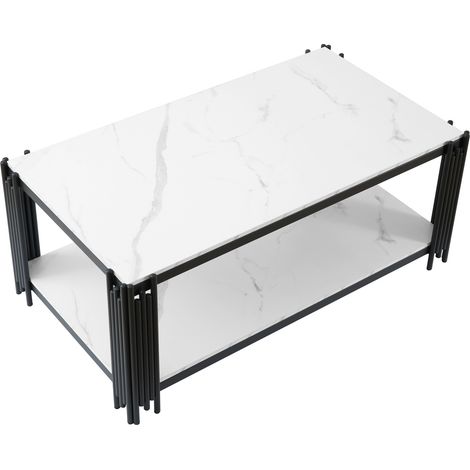 Table basse rectangulaire avec plateau effet marbre et pieds métalliques, moderne, hauteur 46 cm, blanc et noir (1/5)