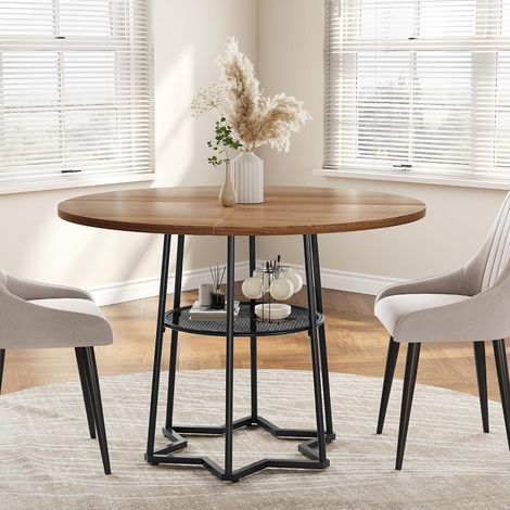Table à Manger Ronde 98 cm avec Plateau Bois, Étagère de Rangement et Pied Hexagonal Métal, Table de Cuisine Industrielle pour 4 à 6 Personnes Marron (1/5)
