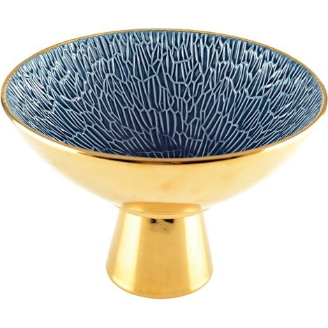 Coupe à Fruits sur Pied en Céramique Bleu et Or - Corbeille de Table Design 22,8 cm - PANGIVO (1/3)