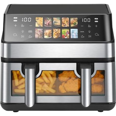 Dual-chamber hot air fryer with viewing window, 10 application programs, oil-free fryer, hot air oven with touchscreen, 2 chambers, touchscreen, max (1/5)