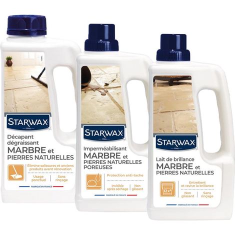 Pack pour marbre et pierres naturelles : Décapant 1L + Imperméabilisant 1L + Lait de brillance 1L STARWAX (1/4)