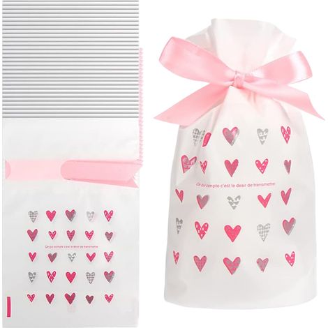 Lot de 50 sachets cadeaux pour fêtes, sachets rouges en forme de cœur pour bonbons, sachets cadeaux, aliments, 15 x 23 cm (1/5)