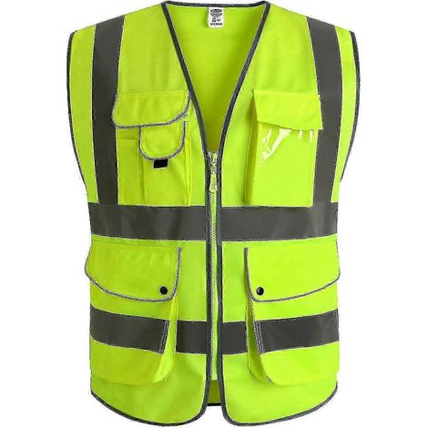 Gilet de sécurité jaune classe 2, 9 poches, fermeture éclair, bandes réfléchissantes, conforme à la norme ANSI/ISEA