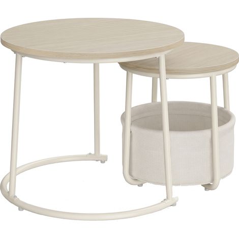 Table Basse Salon Ronde, Lot de 2 Tables Gigognes avec Panier, 60 x 60 x 48 cm, Beige (1/5)