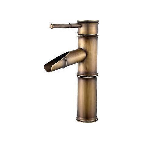 Badezimmerarmatur – Wasserfall-Einhebelmischer, Messing-Wasserfall-Waschtischarmatur, antike Messing-Einhebel-Bambus-Mischbatterie, 2-teilig (1/4)