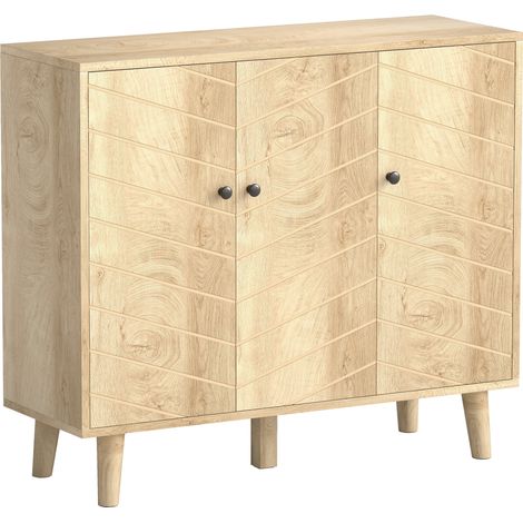 Buffet cuisine, meuble de rangement 3 portes à motif chevron, pieds en pin massif, 88,3x30x76cm, bois naturel (1/5)