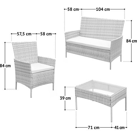 Svita – Ensemble de salon de jardin 4 pièces – Canapé en polyrotin gris – Table avec plateau en verre – Fauteuils avec coussins déperlant