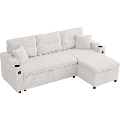 Sofá de 3 plazas de pana beige con chaise longue hidráulica, almacenaje, portavasos y USB-C (1/5)